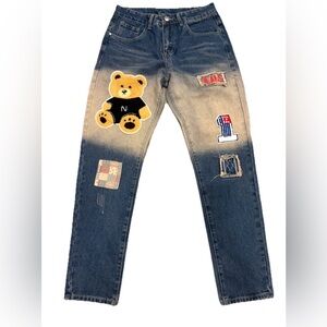 Unisex Patchwork Distressed Stretch Denim Jeans Sz 32 Teddy Bear Patch